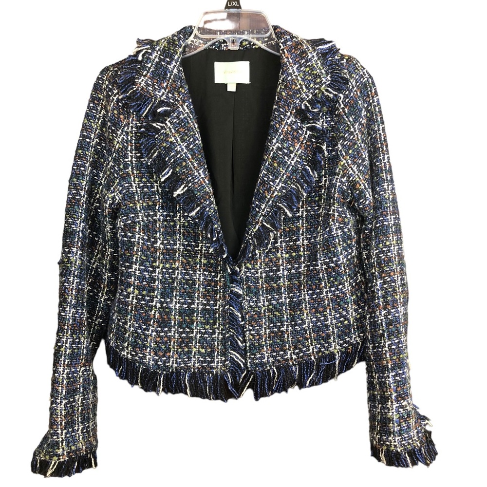Skies Are Blue Tweed Fringe Blue Green Jacket Women's Size Small